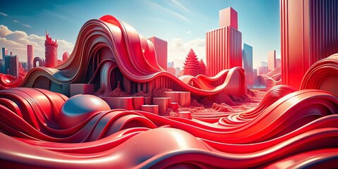 Aufkleber - Abstract Red Liquid Wave Background, 3D Architectural Design, Bright Vivid Colors, Modern Art