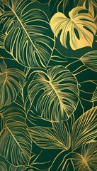Poster - Elegant gold and green illustration of tropical leaves forming a pattern
