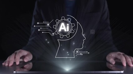 Poster - human interact with ai artificial intelligence brain processor in concept of ai artificial intellige
