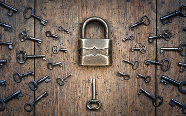 Fototapete - Antique door lock and old keys on a tree. Find your matching key to the lock. Concept and idea on the topic of security, history, protection, guard, secret, preservation, etc. Retro style.