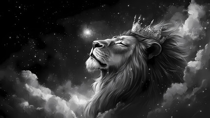 Sticker - A majestic lion with a crown on its head, looking up towards the sky, with a dark background and white specks of light. Dream - Clouds. Illustration