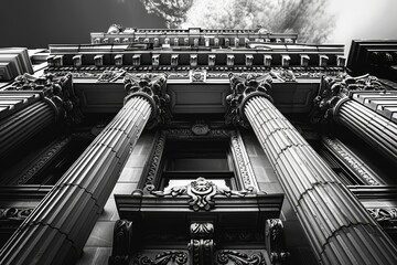 Poster - a black and white photograph capturing the intricate details of two fluted columns supporting a buil