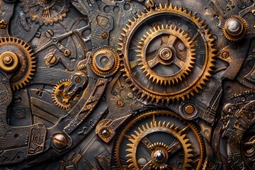 Poster - A detailed image of interlocking gears with a steampunk aesthetic, A steampunk-inspired design with mechanical gears and clockwork