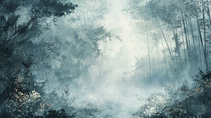 Wall Mural - Misty bamboo forest path, serene landscape.