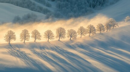 Wall Mural - Sunlit frost-covered trees line a snowy hillside at sunrise, casting long shadows.