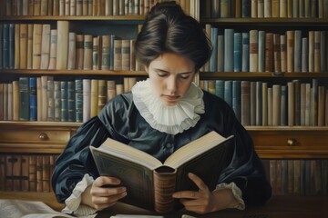 Poster - A painting depicting a woman in a dark dress and a white collar reading a book in a library, surrounded by bookshelves, Portraits of inspirational teachers throughout history