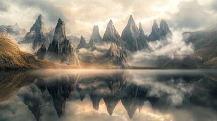 Wall Mural - Majestic mountains reflected in a calm lake at sunrise.