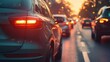 © Tom - Traffic jam during sunset on a busy city street with cars in line and warm light glowing