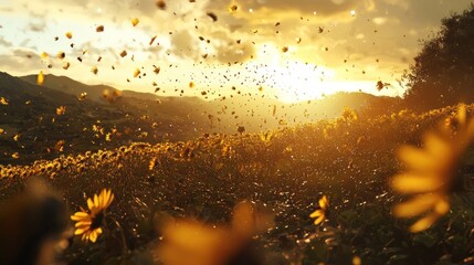 Wall Mural - Sunset over field of wildflowers with petals blowing in wind.