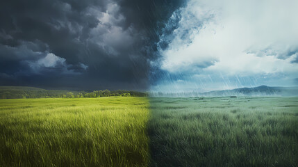 Sticker - Split landscape showing serene, tranquil meadow on one side, with dark, stormy chaos on the other, sharp contrast of light and shadow. Chaos - Storm. Illustration