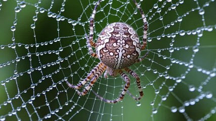 Close-up video of a spider on a dew-covered web, captured from a front angle. The intricate web and detailed spider create a natural, serene scene.
