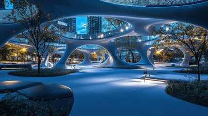 Wall Mural - Futuristic park at night with organic architecture, illuminated walkways, and benches.