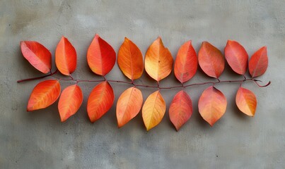 Wall Mural - Artistic arrangement of vibrant red and orange autumn leaves on a textured concrete background, illuminated by soft light for a seasonal aesthetic