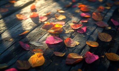 Wall Mural - Artistic close-up of colorful autumn leaves scattered on a rustic wooden surface, illuminated by soft natural light creating a seasonal aesthetic