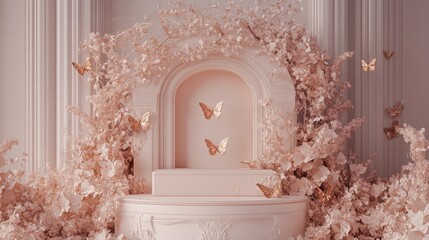 Poster - An elegant podium with golden butterfly accents, surrounded by a soft pink floral arch, ideal for product showcases.