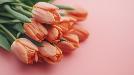 Poster - A close-up of a tulip bouquet with soft, velvety petals, resting on a pastel pink background.