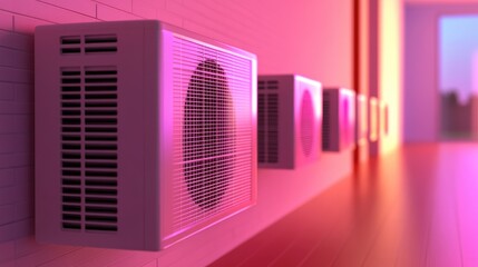 Poster - A row of sleek, energy-efficient air conditioning units, neatly arranged against a vibrant background, symbolizing advanced climate control and technology.
