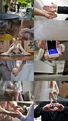 couple in love. wedding collage. multiscreen groom, bride, bouquet, shoes, dress. wedding day concep