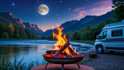 bonfire on a summer meadow with a river at night, motorhome in the background