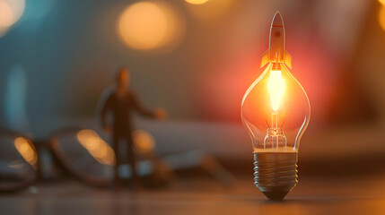 Aufkleber - A miniature figure stands beside a glowing light bulb, symbolizing ideas and creativity against a soft, blurred background.