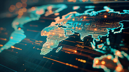 Aufkleber - A digital map of the world illuminated with bright lines and data points, showcasing connections and technology in a vibrant, futuristic style.