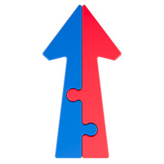 Poster - Arrow from two opposite jigsaw puzzle pieces halves. Merging, teamwork, cooperation, communication and partnership concept. 3D rendering isolated on transparent background
