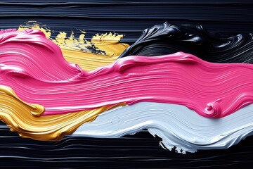 Poster - Bold strokes of pink black gold and white paint intertwine on a dark canvas. The vibrant colors blend seamlessly showcasing an energetic and dynamic artistic expression.