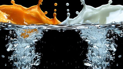 Poster - Vivid orange and white liquids erupt as they meet in mid-air creating a stunning splash against a black background. The scene captures the energy and beauty of fluid dynamics.