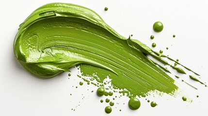 Poster - A bold green paint is artistically smeared leaving dynamic textures and varying thickness. Droplets enhance the visual impact against the contrasting white surface showcasing creativity.