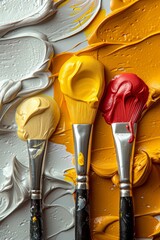 Poster - Three paint brushes rest against a colorful palette showcasing thick vibrant strokes of yellow red and beige paint illuminated by soft light in an artistic studio setting.