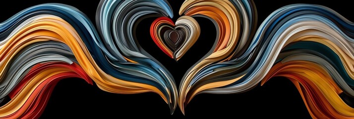 Poster - Vibrant swirls of color create a heart shape against a dark background symbolizing love and creativity. The flowing lines merge together forming a striking visual representation of affection.