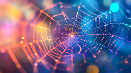 Wall Mural - Floating glowing spider web with neon threads creates mesmerizing visual effect, showcasing intricate patterns and vibrant colors that evoke sense of wonder and beauty. Wonder - Sky. Illustration