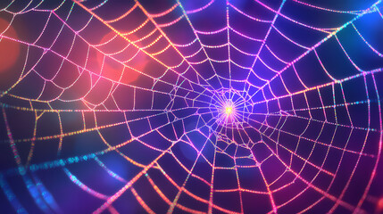 Wall Mural - Floating glowing spider web with neon threads creates mesmerizing visual effect, showcasing intricate patterns and vibrant colors that evoke sense of wonder and beauty. Wonder - Sky. Illustration