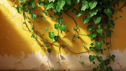 Wall Mural - Sunlight Dappled Ivy Growing on Weathered Yellow Wall