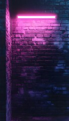 Poster - Illuminated pink neon light above a textured brick wall surface