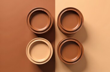 Poster - Four paint cans in shades of beige and brown are neatly arranged on two contrasting backgrounds that enhance their colors. This setup showcases a palette for design or decor choices.