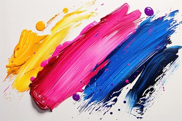 Poster - Bold thick strokes of yellow pink blue and purple paint create an abstract composition on a white canvas. The colors blend and contrast making an energetic display of creativity.
