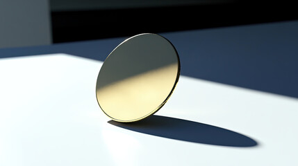Poster - Perfectly Balanced Gold Coin Standing on Its Edge, Radiating Minimalist Elegance in Soft Light