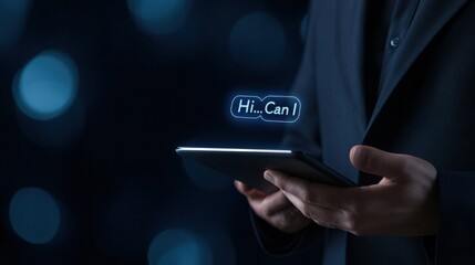 man using a tablet with text bubble
