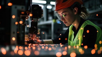 Poster - Female engineer wearing safety helmet and glasses operating advanced machinery in a modern factory, sparks and bokeh lights creating a dynamic atmosphere