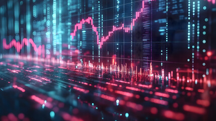 Wall Mural - A high-tech financial data visualization with vibrant neon lines and digital graphs