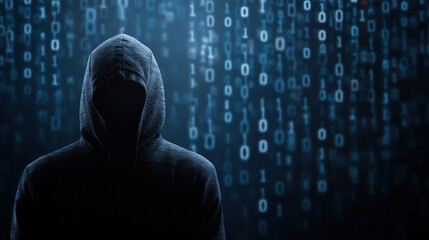hacker silhouette against backdrop of cascading binary code evokes mystery and intrigue.