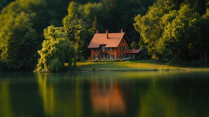 Wall Mural - Lakeside house, tranquil sunset reflection.