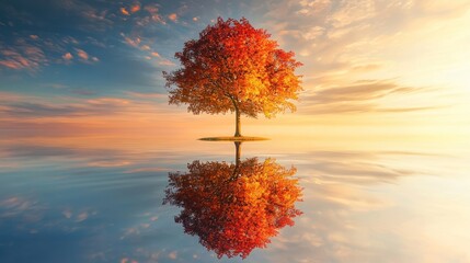 Wall Mural - Solitary autumn tree reflected in calm water at sunset.