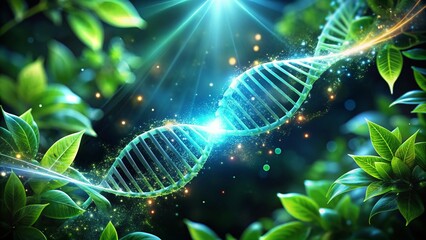 Aufkleber - Illuminated DNA Helix with Green Leaves - Long Exposure Stock Photo