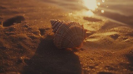 Wall Mural - Seashell on sandy beach at sunset. (1)