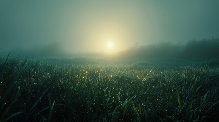 Wall Mural - Misty sunrise over dew-covered field.