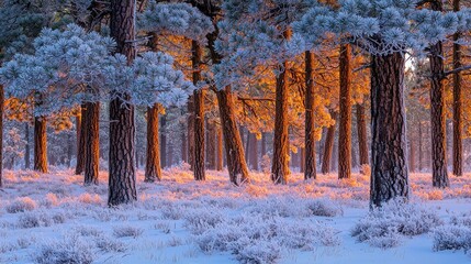 Wall Mural - Sunlit frosty pine forest at sunrise.