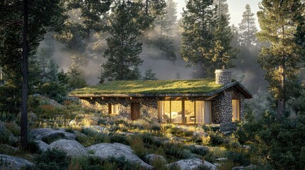 Wall Mural - Secluded stone cabin with green roof in misty forest.