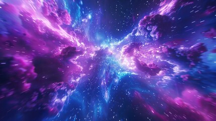 an abstract blend of blue and purple neon glow symbolizes the speed of light, with bursts of cosmic 